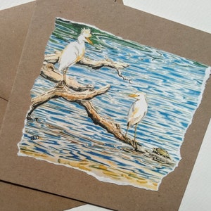« Carte de voeux faite main d'aigrettes de ma peinture originale d'aquarelle de garde-boeufs et de tortue d'Europe à La Brenne, France » par EdieBrae