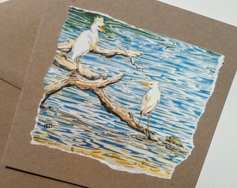 Egret handmade greetings card from my original watercolour painting of cattle egrets and European terrapin at La Brenne, France by EdieBrae