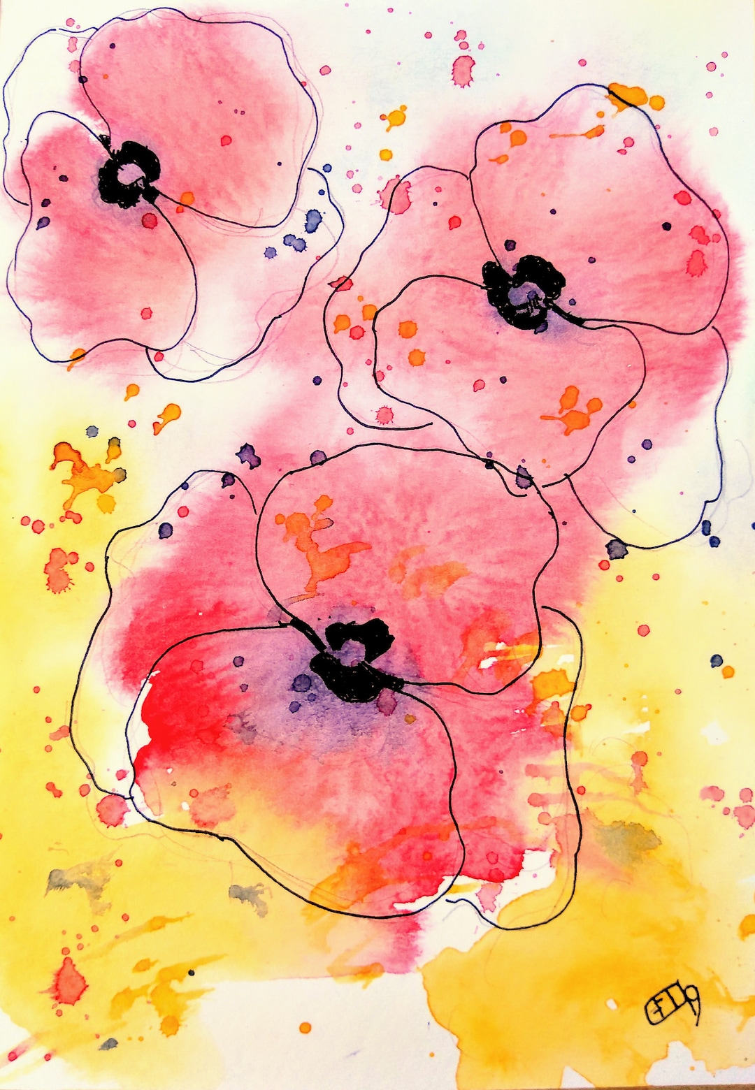 Original Watercolour Abstract Flower Art of Wild Poppies