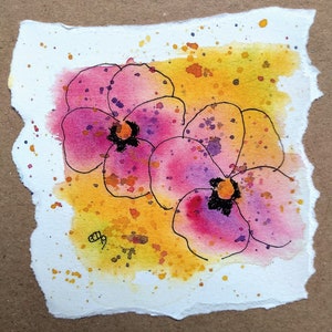 Wenskaart van viooltjes van mijn eigen aquarel schilderij, kleurrijke bloemen verjaardagskaart voor haar, roze en gele viooltjes door EdieBrae UK