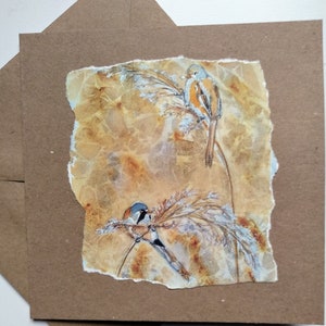 Carte de vœux vierge à mésange barbu de ma peinture aquarelle originale de roseaux barbus, une carte d'oiseau britannique vierge par EdieBrae