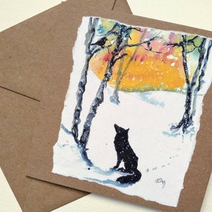 Fox Christmas card hand made, fox and robin in snow birthday card for him, her, colourful blank greetings card of wildlife by EdieBrae uk