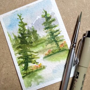 Originele aquarel ACEO kaart van een landschap met Lake, berg en bomen, verzamelprogramma's miniatuur geschilderde artwork 2,5 "x 3,5" door EdieBrae