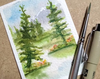 Original watercolour aceo card of a landscape with lake, mountain and trees,  collectors miniature painted artwork 2.5" x 3.5" by EdieBrae