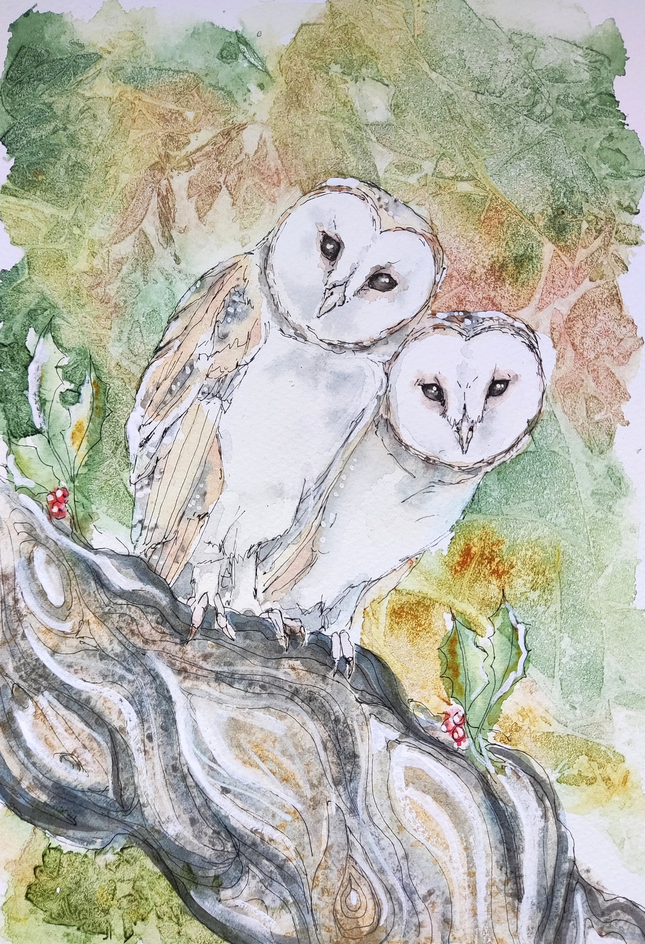 An original barn owl painting in watercolour and pen, an original fine art painting of British wildl