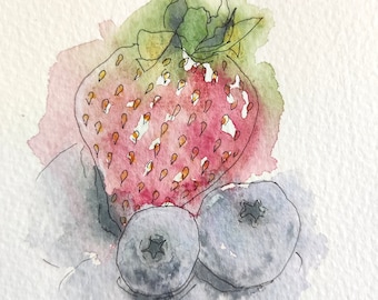 Strawberry and blueberry still life original watercolour painting, small affordable artwork for your kitchen, illustration by EdieBrae