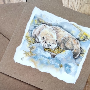 Handgemaakte otter-wenskaart op vierkante bruine ambachtelijke kaart van 6 inch, perfect voor zijn, haar verjaardag, Britse dieren in het wild door Edie Brae