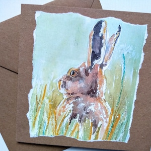 « Carte de voeux d'un lièvre de ma peinture originale de techniques mixtes, une carte vierge de la faune britannique, carte d'anniversaire de lièvre brun » par EdieBrae