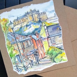 « Carte d'anniversaire du château d'Édimbourg, carte de paysage urbain écossais, une carte de voeux faite main pour lui, elle à partir d'une aquarelle » par EdieBrae