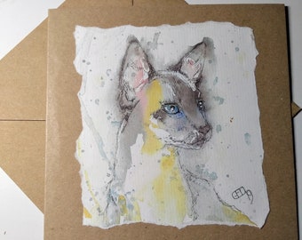 Siamese cat birthday card from my original watercolour painting, a hand made blank greetings card of a seal point Siamese by EdieBrae