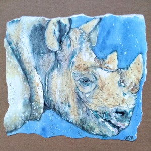 Carte de voeux blanc de rhinocéros de ma peinture originale d’aquarelle, une carte blanche de la faune, carte de rhinocéros noir par EdieBrae