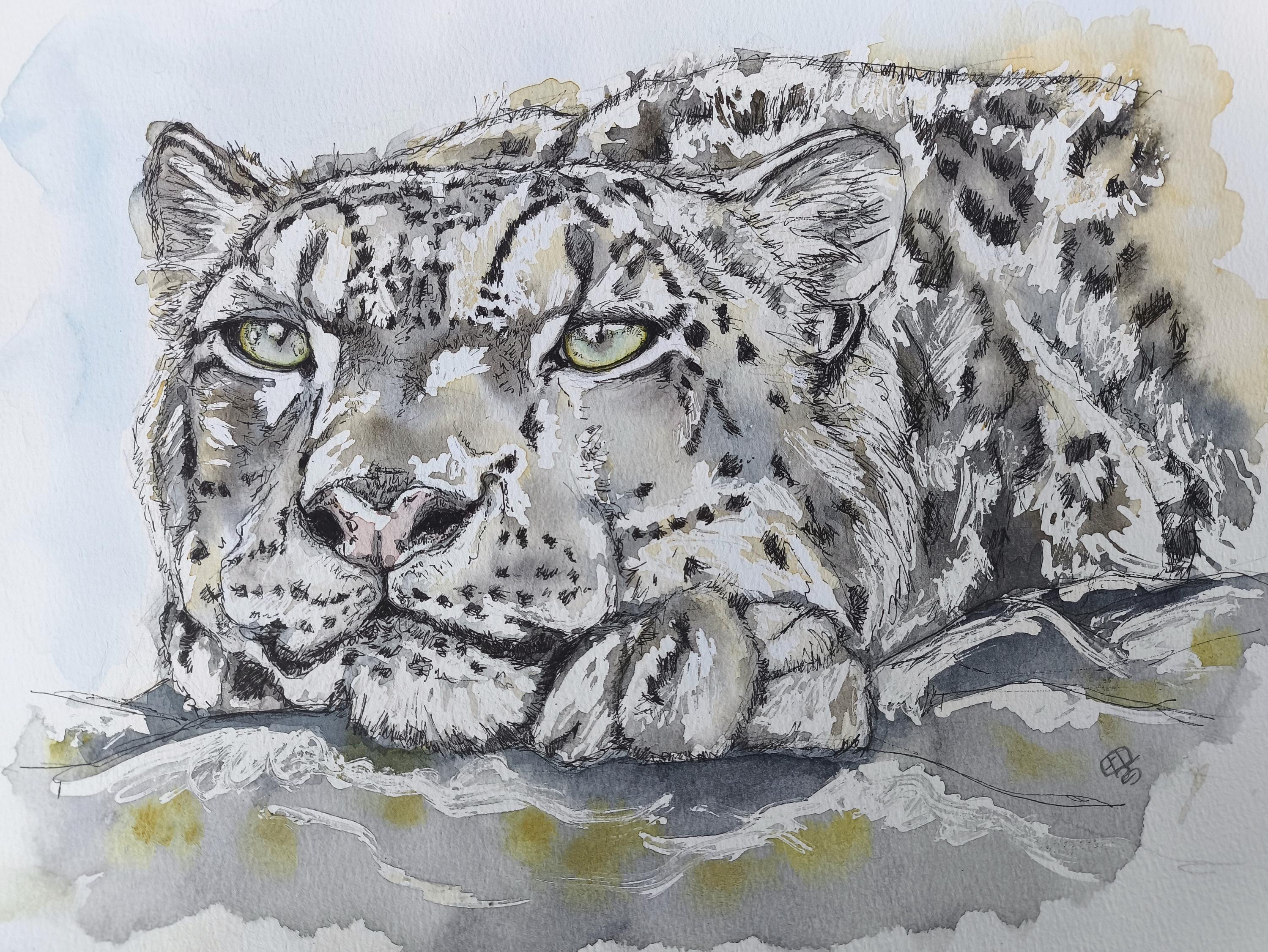 ユキヒョウの絵画、オリジナルの水彩画による野生動物アート、一点