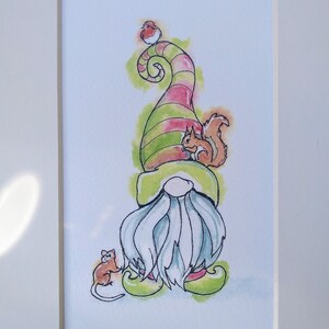 Klein kunstwerk van bosfeeënvolk, schattige Noordse kabouter met eekhoorn en robin limited edition print, betaalbare kunst van EdieBrae