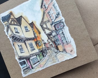 York The Shambles handmade birthday card, Yorkshire cityscape card, craft greetings card for him, her from watercolour painting by EdieBrae