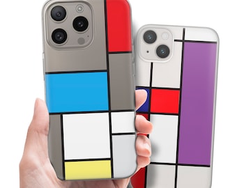 Coque de portable pop-art Mondrian, style géométrique, design coloré. Coque en gel TPU pour iPhone 15 14 13 12 11 pro max mini plus, Samsung S24 Fe..