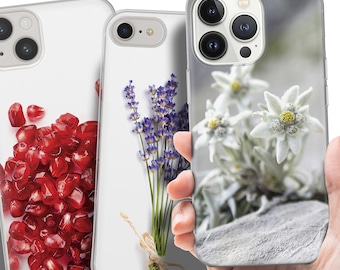 Phone Case, Plants Flowers Fruits, Edelweiss, Pomegranate, Mint, Lemons, TPU Gel Cover for iPhone 15 14 13 12 11 pro max mini plus, Samsung