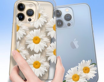 Coque de portable marguerite, photos de fleurs sur une coque en gel TPU transparent pour iPhone 15 14 13 12 11 pro max plus mini, Samsung Galaxy S24 ..