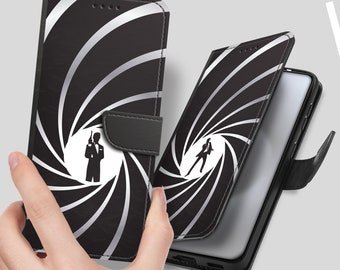 Schwarz Leder Klapphülle | James Bond 007 und Frau Silhouetten. Für iPhone 15 14 13 12 11 pro max mini plus, Samsung S23 S22