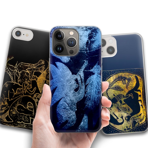 Ica Stones Phone Case, Mystical Animals and Men Engravings. Black TPU Gel Cover for iPhone 15 14 13 12 11 pro max plus mini, Samsung S23 ..