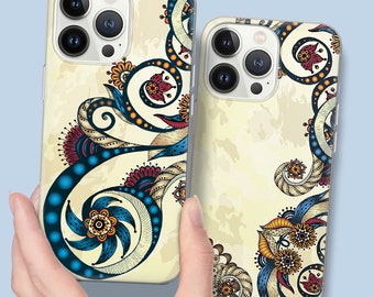 Coque de portable avec motif floral abstrait ondulé de style ethnique pour iPhone 15 14 13 12 11 pro max plus mini, Samsung S24 S23 A12 A13 ...