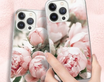 Coque de portable pivoines fleurs roses, coque en gel TPU pour iPhone 15 14 13 12 11 pro max plus mini, Samsung S24 S23 Ultra Fe ..
