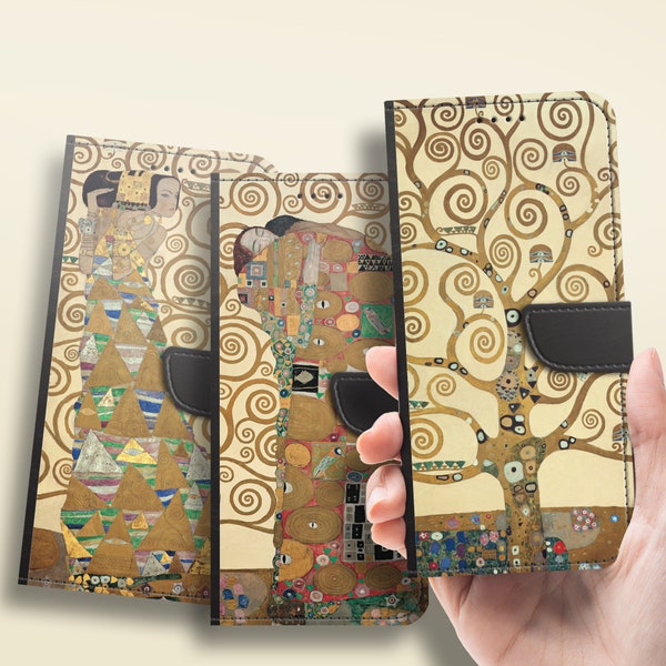 Moderne Kunst Klapphülle Klimt Gemälde, Lederhülle iPhone 15 14 13 12 11 pro max mini plus SE, Samsung S23 S22 Ultra Fe ..