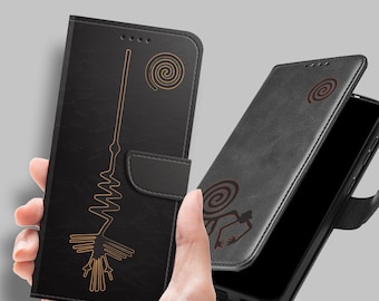 Atacama Glyphs Flip Case Nazca Lines in Desert, Leather Cover iPhone 15 14 13 12 11 pro max plus mini SE, Samsung S23 S22 Ultra Fe