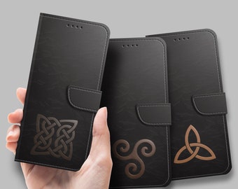 Custodia Flip nera con design di segni celtici e nodi, per iPhone 15 14 13 12 11 pro max plus mini, Samsung S23 S22 Ultra Fe Lite