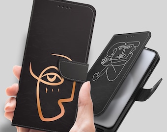 Flip Case with Picasso Line Art Faces, for iPhone 15 14 13 12 11 pro max plus mini, Samsung S23 S22 Ultra Fe