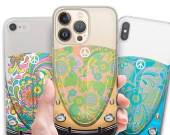 Custodia per telefono per auto hippie / Icona della pace, Dream Bug Car con motivo floreale decorato. Cover in gel TPU per iPhone 15 14 13 12 11, Samsung S24 S23