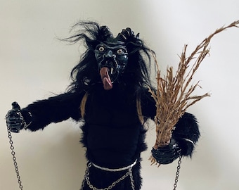 Krampus-art doll-devil-fabric doll-handpainted doll-chains-OOAK-black-curiosities-strange doll-decoration-horns