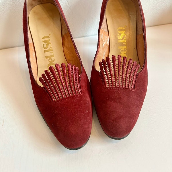 1950s DeLiso Burgundy Suede Pumps | 50s Dark Red Leather Evening Shoes | Vintage Rococo Style Maroon High Heels | Size 7.5
