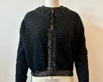 1960s Black Wool Sequin Cardigan | 60s Beaded Cocktail Sweater | Vintage Formal Sparkly Coverup | Size M/L