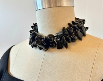 1980s Black Beaded Necklace | 80s Long Chunky Statement Necklace | Vintage Clasp Close Accessory