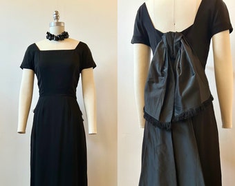 1950s Little Black Wiggle Dress | 50s Back Bow Cocktail Dress | Vintage Low Back Party Dress | Size XS