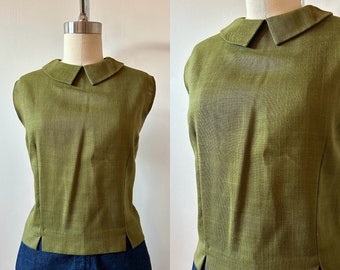 1960s Olive Green Linen Blouse | 60s Dark Green Collared Top | Vintage Sleeveless Boxy Shirt | Size S