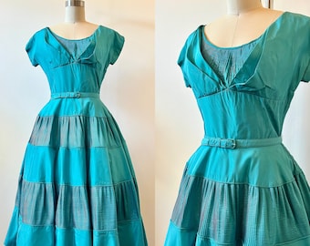 1950s Turquoise Taffeta Cocktail Dress | 50s Accordion Pleated Party Dress | Vintage Fit and Flare Dress | Size XS