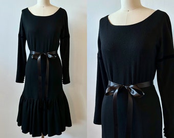 1950s Perry Brown Black Wool Dress | 50s Long Sleeve Mermaid Dress | Vintage Fitted Trumpet Party Dress | Size XS