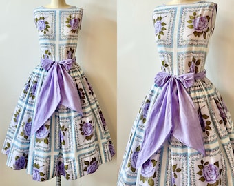 1950s Lavender Rose Cotton Dress | 50s Light Purple Floral Dress | Vintage Fit and Flare Day Dress | Size XS/S