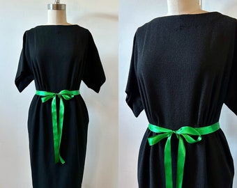 1960s Anne Klein Black Wool Dress | 60s Short Sleeve Wiggle Dress | Vintage Neiman Marcus Day Dress | Size XS