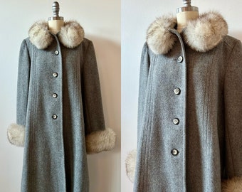 1980s Alorna Heather Grey Wool Coat | 80s Gray Winter Overcoat | Vintage Fur Trim Outerwear | Size M/L