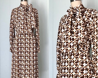 1960s Suzy Perette by Victor Costa Secretary Dress | 60s Brown Ascot Bow Dress | Vintage Long Sleeve Day Dress | Size XS