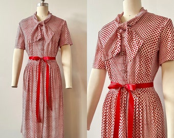 1960s Puritan Forever Young Red Dress | 60s Polka Dot Day Dress | Vintage Nylon Jersey Casual Dress | Size S