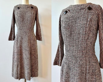 1950s Brown Dress Original Wool Dress | 50s Woven Boucle Button Dress | Vintage Fall Party Dress | Size S