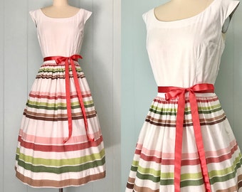 1950s Neapolitan Striped Dress | 50s White Cotton Dress | Vintage Fit and Flare Dress | Size S