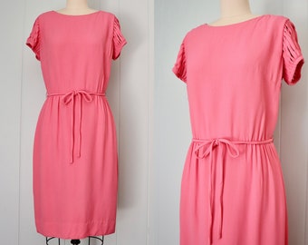 1960s Jean Lang Bright Pink Cocktail Dress | 60s Cage Sleeve Party Dress | Vintage Fitted Dress with Belt | Size S