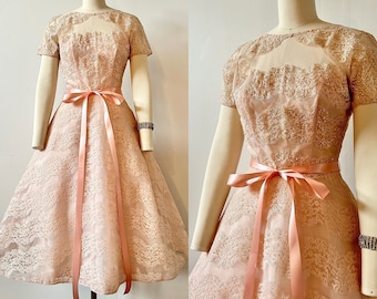 1950s Frank Starr Original Cocktail Dress | 50s Ballet Pink Lace Party Dress | Vintage Sequin Fit and Flare Dress | Size XS