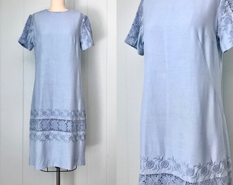 1960s Light Blue Floral Eyelet Dress | 60s Periwinkle Shift Dress | Vintage Pastel Embroidered Dress | Size S