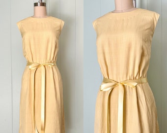 1960s AS-IS Tanner of North Carolina Yellow Dress | 60s Sleeveless Pastel Linen Dress | Vintage Day Dress | Size L