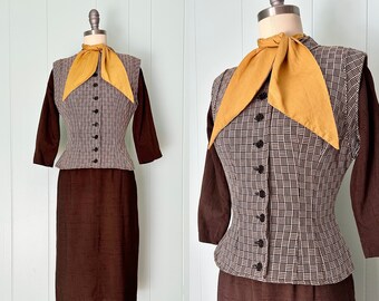 1950s Pat Hartly Dress and Vest Set | 50s Dark Brown Wiggle Dress and Vest | Vintage Sheath Dress and Plaid Peplum Vest | Size XS